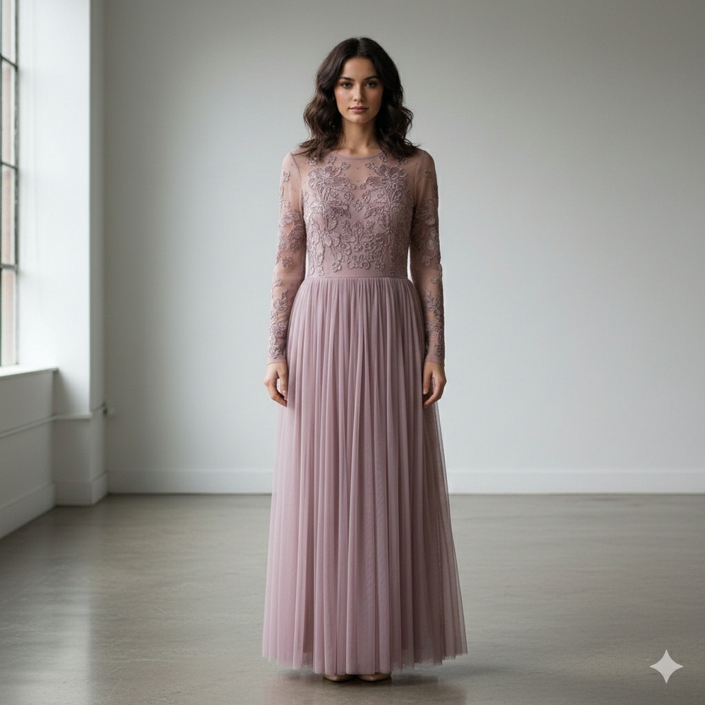 ASOS Lace Tulle Long Sleeve Formal Dress